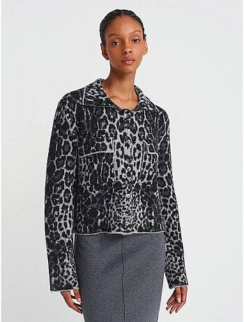 Cardigan jacquard léopard boutonné dilvin
