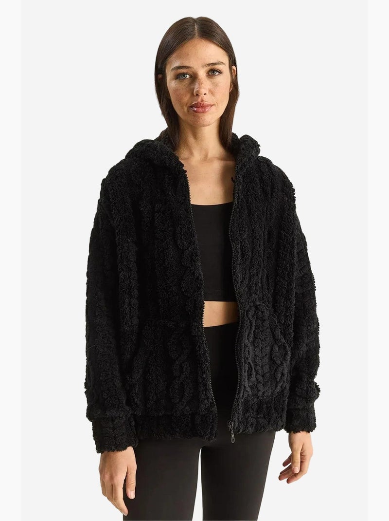 Cardigan met capuchon van getextureerd breisel met rits lucci Zwart - Kiabi