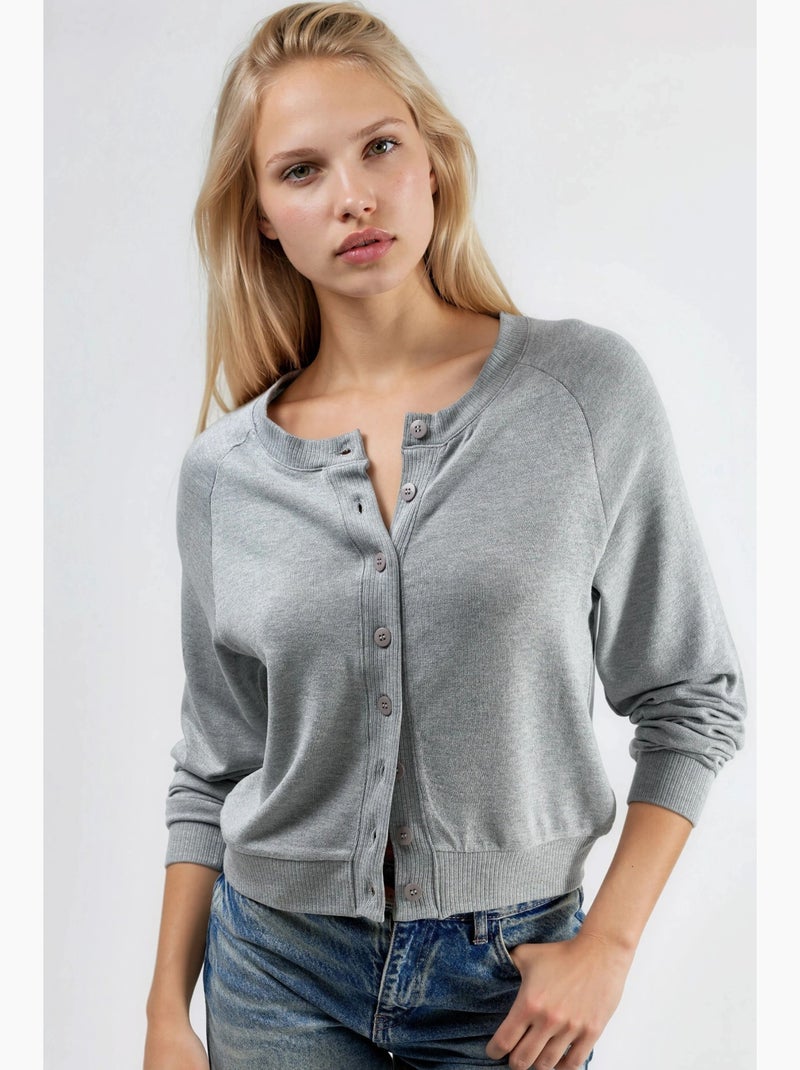 Cardigan met ronde hals en knopen busem Grijs - Kiabi