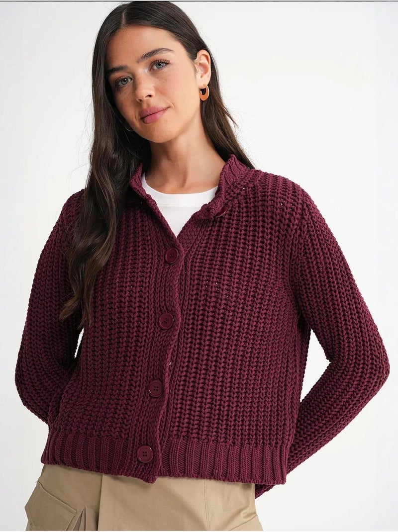 Cardigan van geribde, getextureerde brei met knopen mixray Bordeauxrood - Kiabi