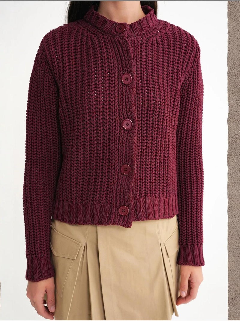 Cardigan van geribde, getextureerde brei met knopen mixray Bordeauxrood - Kiabi