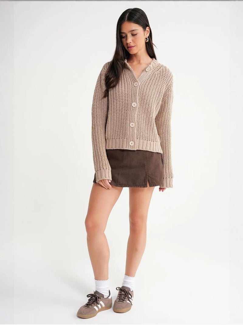 Cardigan van geribde, getextureerde brei met knopen mixray Greige - Kiabi
