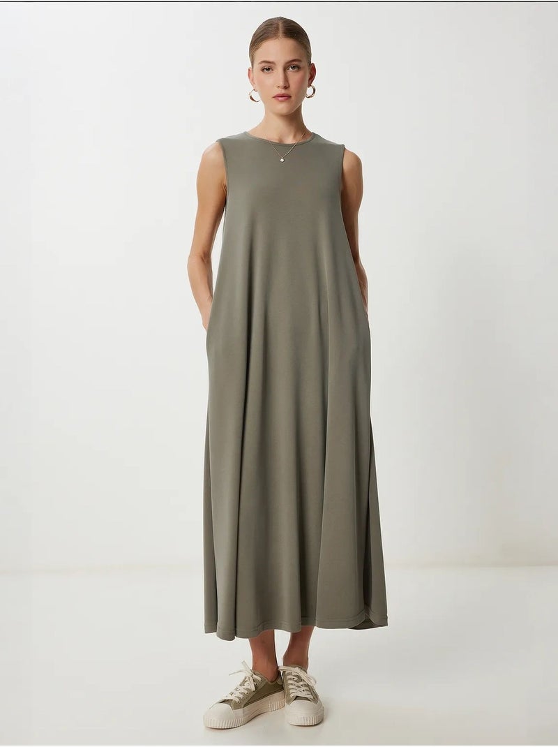 Casual midi-jurk met losse pasvorm en zakken istanbul Kaki - Kiabi