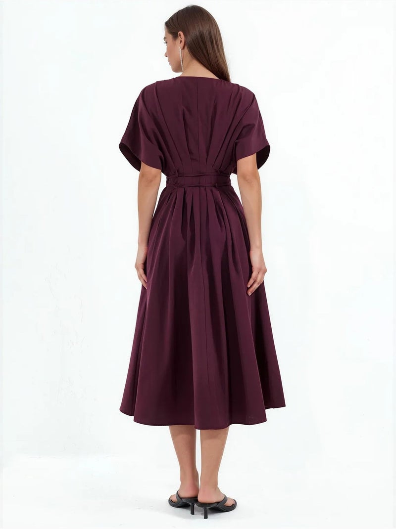 Casual midi-overhemdjurk met v-hals busem Bordeauxrood - Kiabi