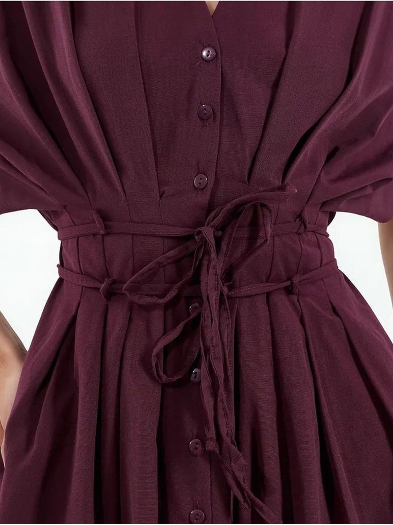 Casual midi-overhemdjurk met v-hals busem Bordeauxrood - Kiabi