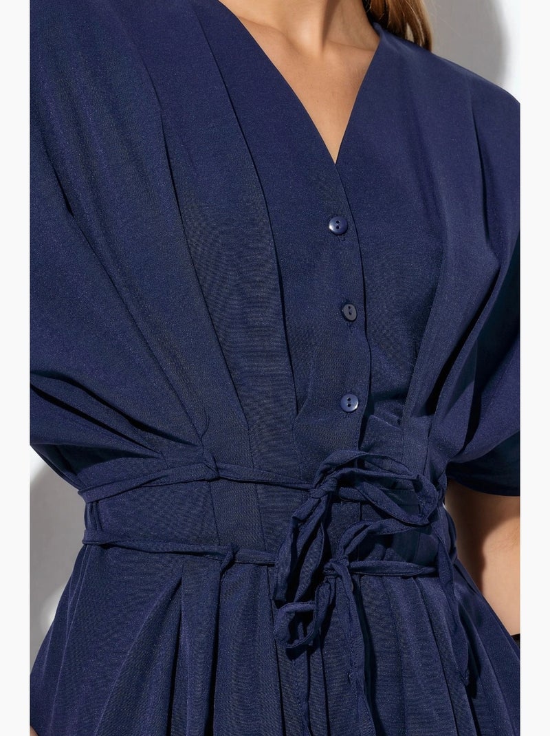 Casual midi-overhemdjurk met v-hals busem Marineblauw - Kiabi