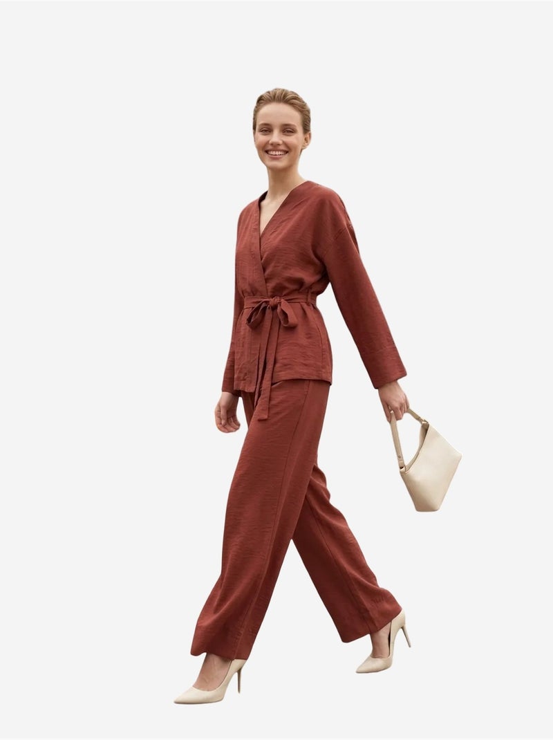 Ceintuurset met v-hals en lange mouwen (tweedelige set) my fashion Terracotta - Kiabi