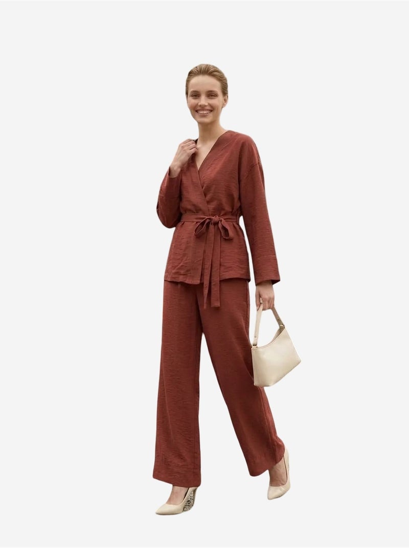 Ceintuurset met v-hals en lange mouwen (tweedelige set) my fashion Terracotta - Kiabi