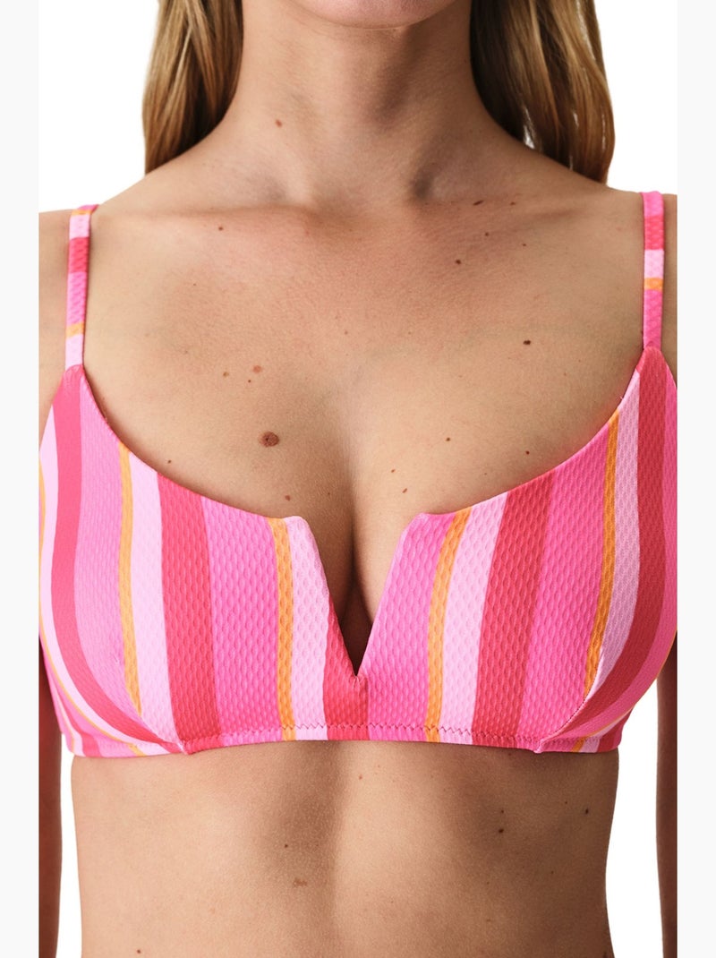 Celinda à rayures texturé, haut de bikini col v plongeant penti Rose fluo - Kiabi