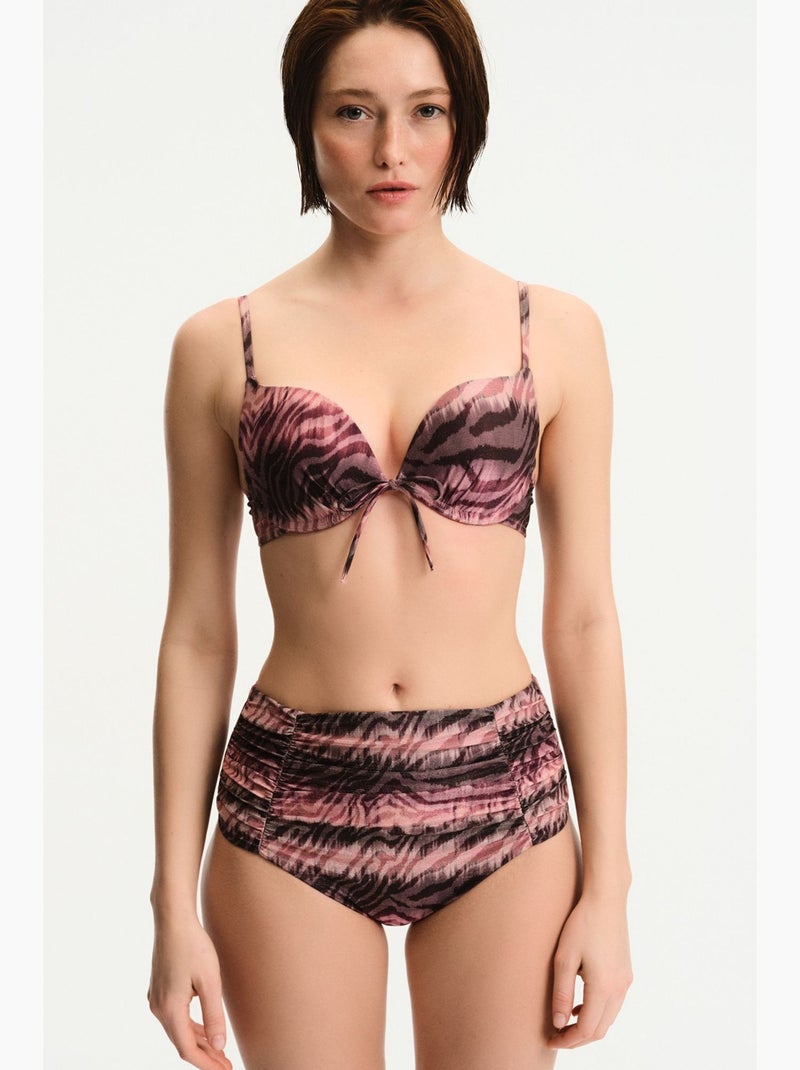 Cesira bikinibroekje met plooien, sluiting, zebra print en glans, middelhoge taille penti Zwart Roze - Kiabi