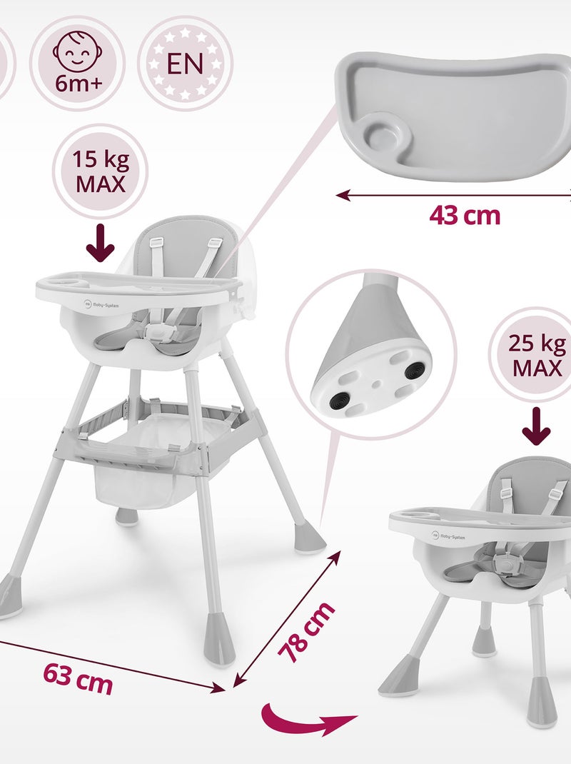 Chaise haute bébé réglable, chaise enfant - plateau double - coussin similicuir Gris - Kiabi