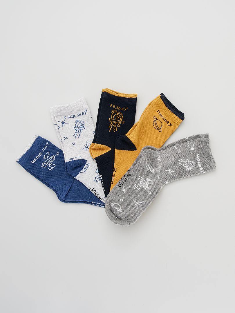 Chaussettes avec imprimés fantaisie - Lot de 5 bleu/gris/jaune - Kiabi