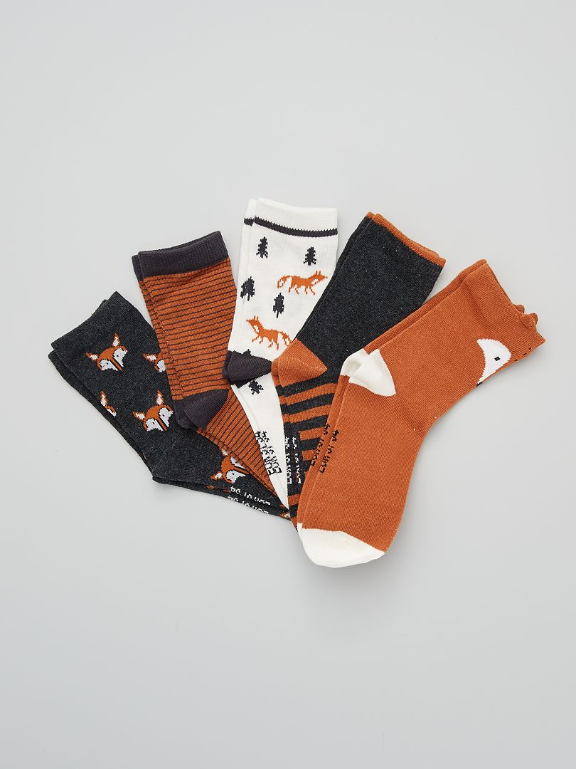 Chaussettes avec imprimés fantaisie - Lot de 5 camel/marine/animaux - Kiabi