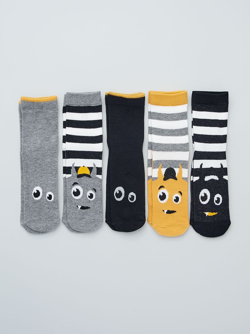 Chaussettes avec imprimés fantaisie - Lot de 5 noir/gris/jaune - Kiabi