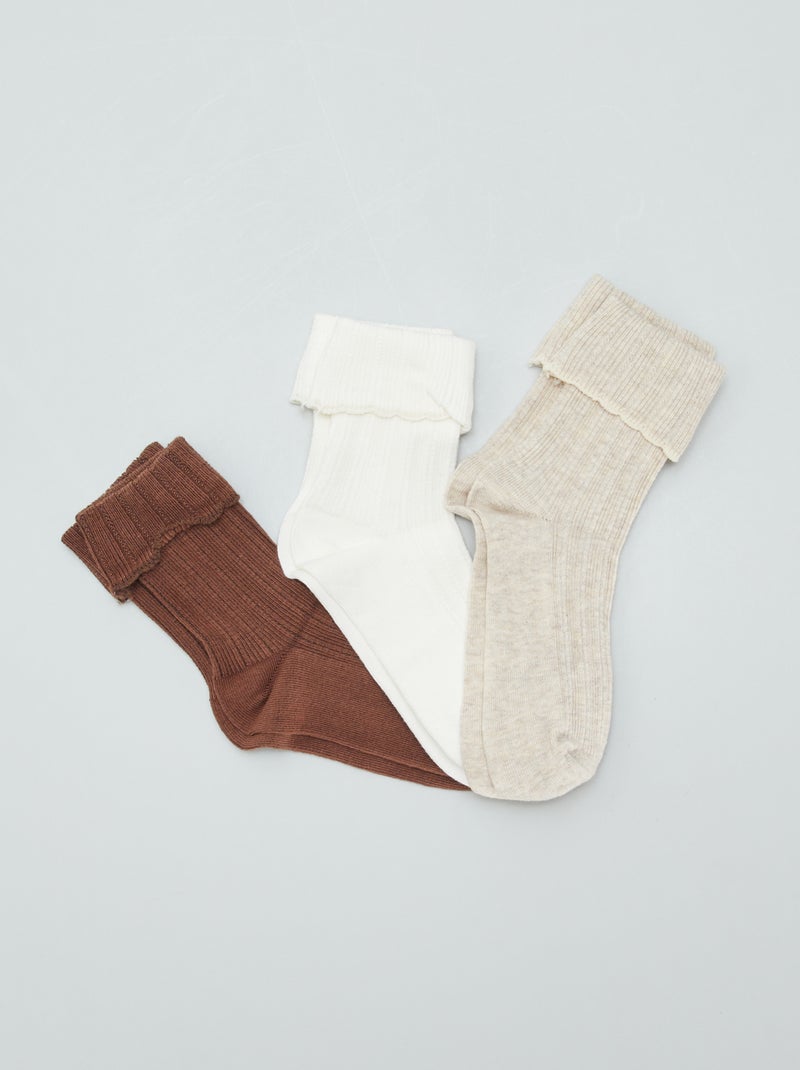 Chaussettes avec revers en maille - Lot de 3 Blanc/beige/marron - Kiabi