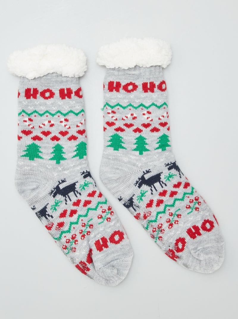 Chaussettes de Noël fourrées antidérapantes Gris - Kiabi