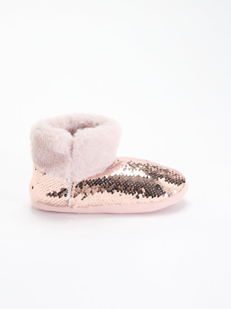Chaussons boots effet moutonné avec sequins Rose - Kiabi