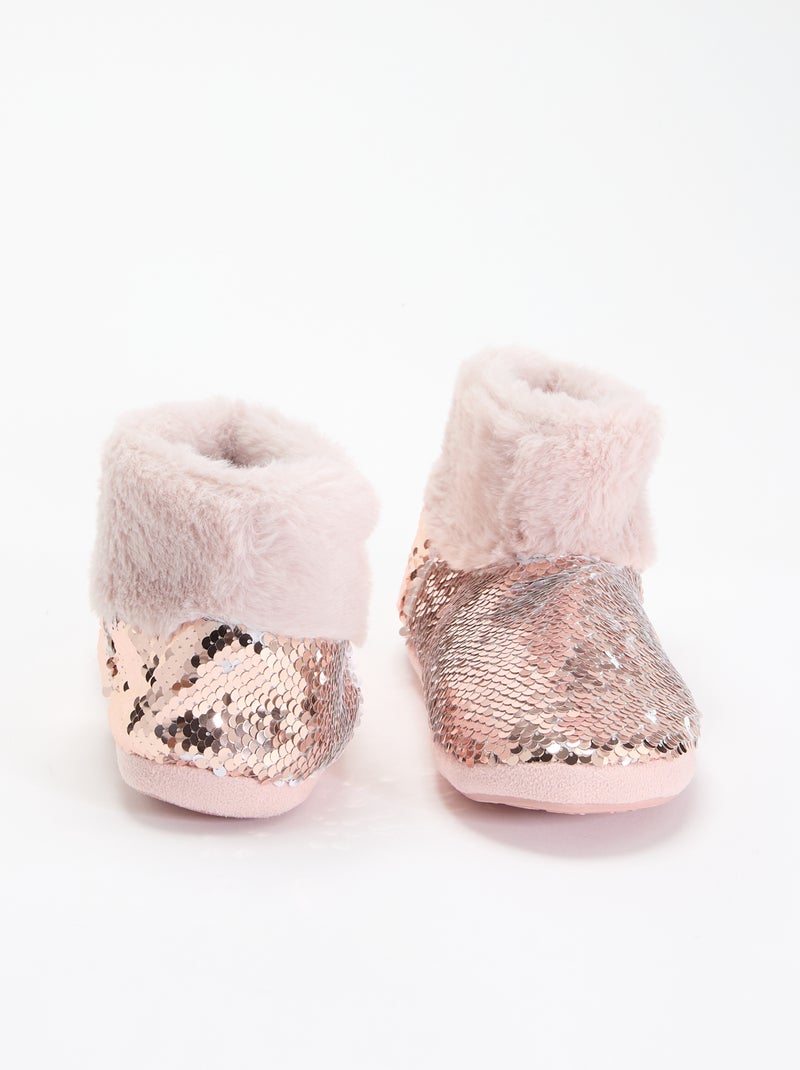 Chaussons boots effet moutonné avec sequins Rose - Kiabi