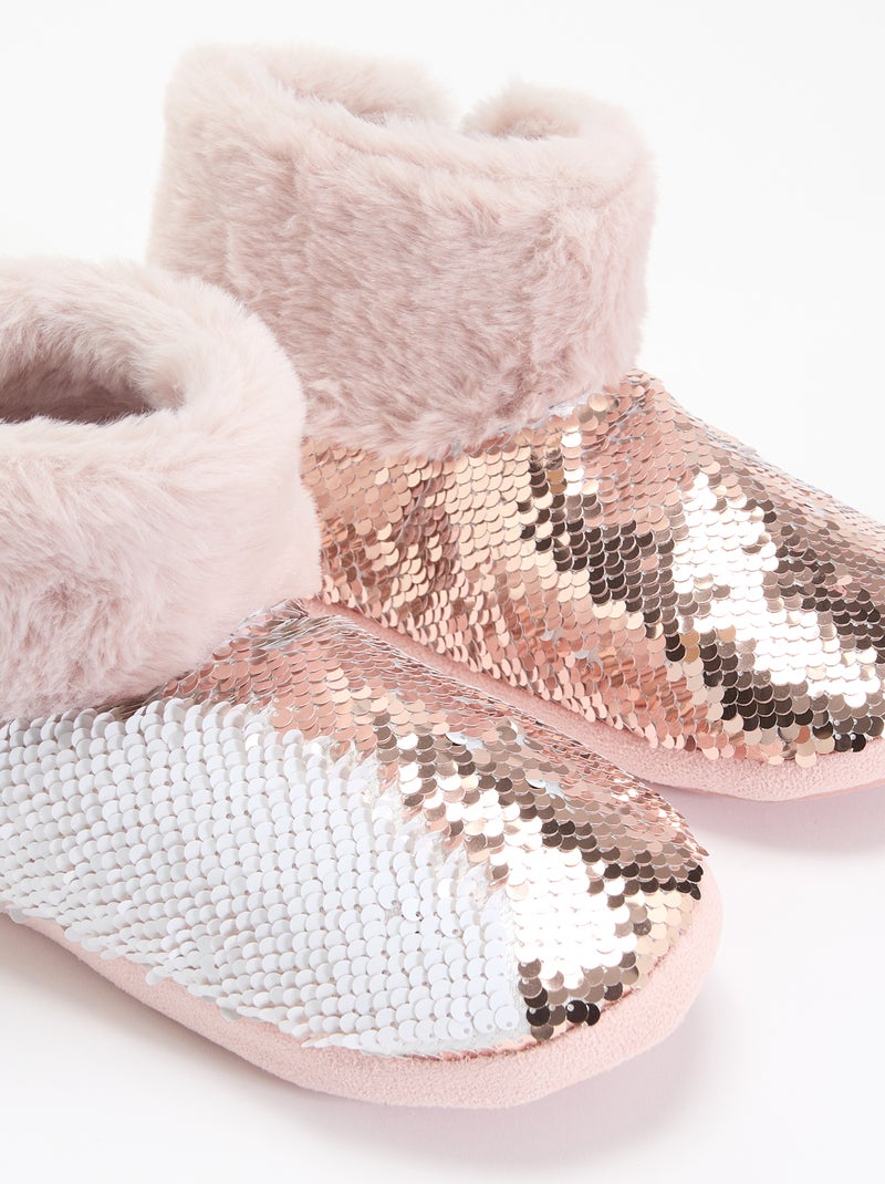 Chaussons boots effet moutonné avec sequins Rose - Kiabi