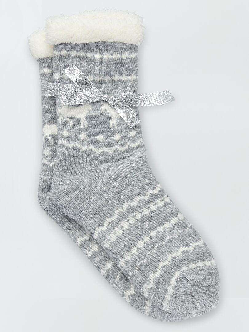 Chaussons chaussettes maille fantaisie Blanc/gris - Kiabi