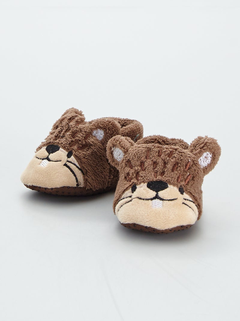 Chaussons maille douce animal 'castor' marron - Kiabi