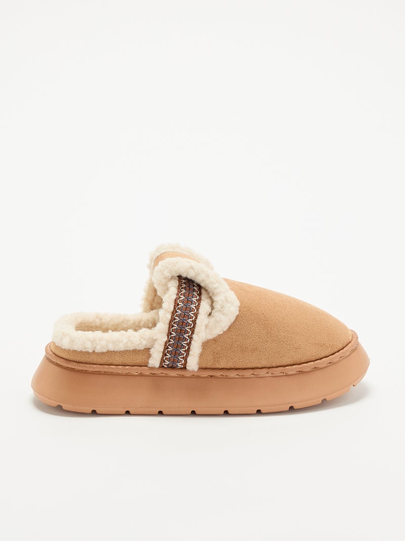 Chaussons mules en suédine fourrés à large semelle Marron - Kiabi