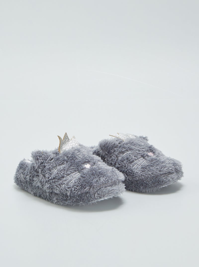 Chaussons mules fourrés 'animal' Gris - Kiabi