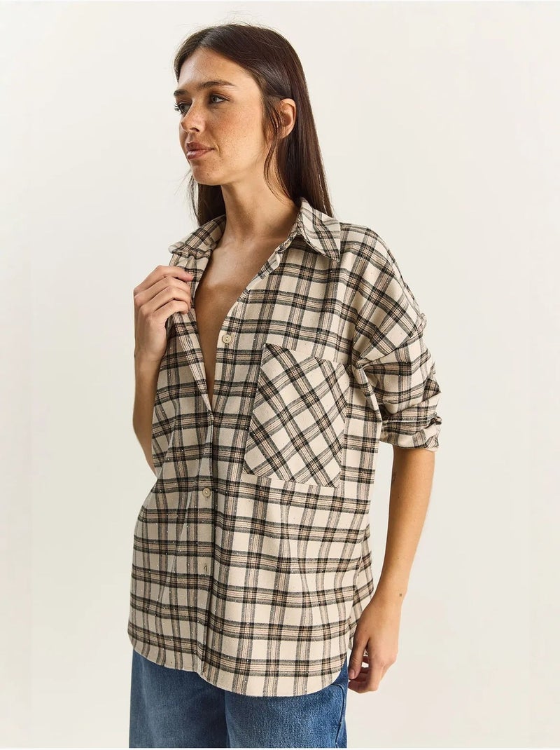 Chemise à carreaux oversize à manches longues et poche lucci Beige argile - Kiabi
