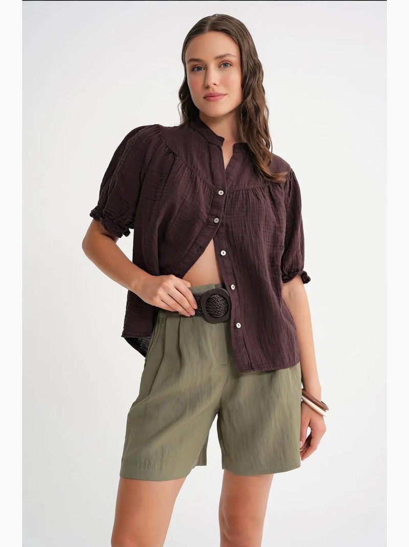 Chemise à col boutonné en lin mélangé mixray Marron foncé - Kiabi