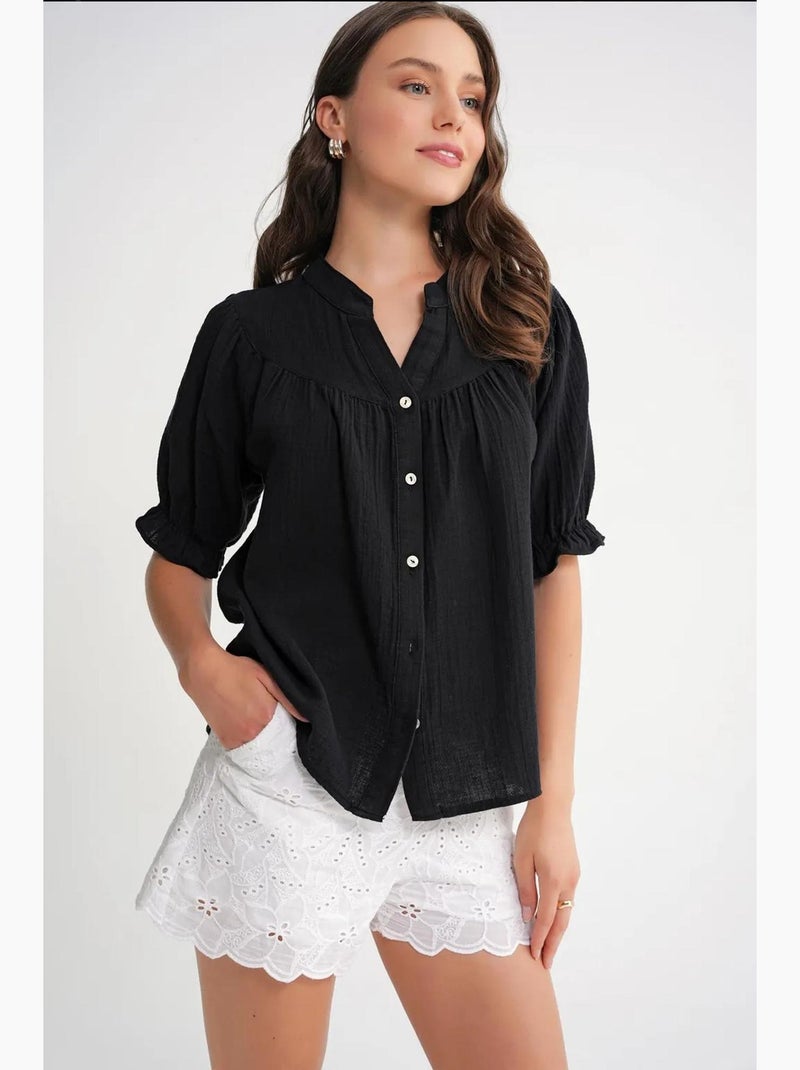 Chemise à col boutonné en lin mélangé mixray Noir - Kiabi