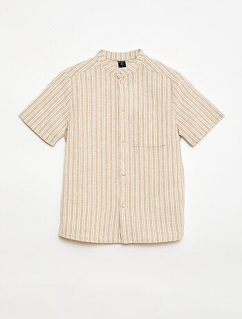 Chemise à col mao à manches courtes en coton et lin