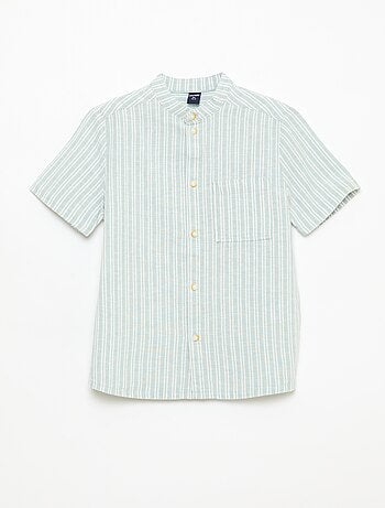 Chemise à col mao à manches courtes en coton et lin