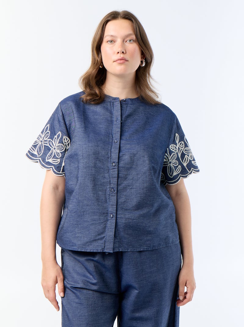 Chemise à manches brodées Bleu - Kiabi