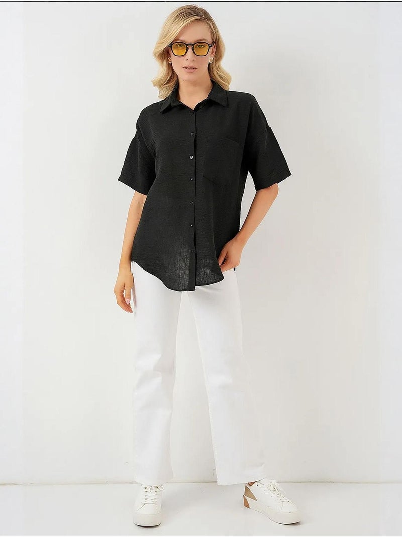 Chemise à manches courtes aspect lin bdart Noir - Kiabi
