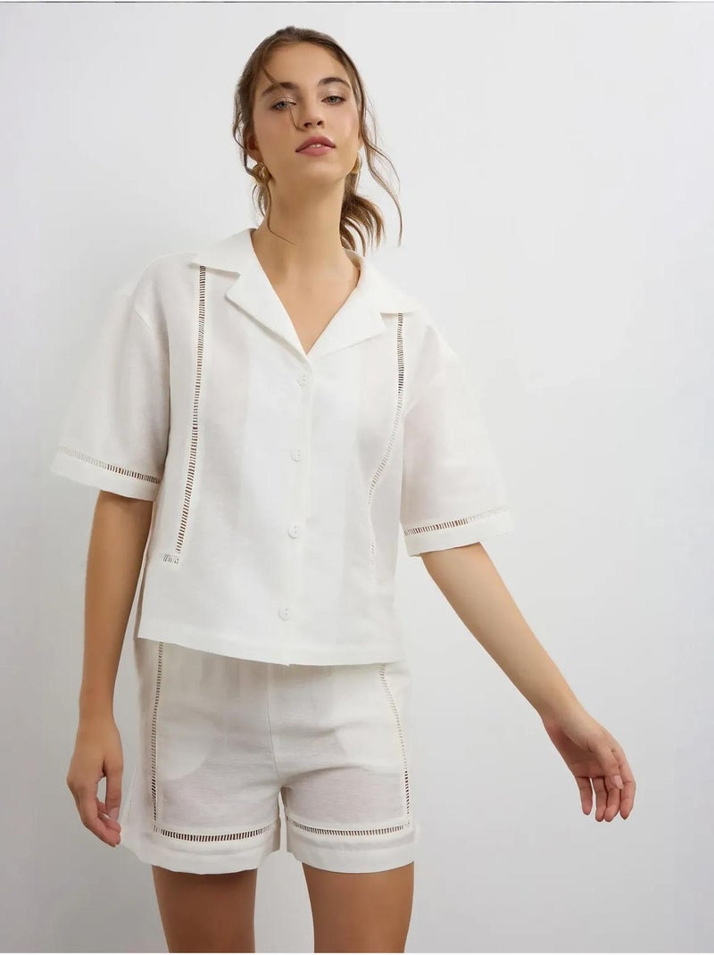 Chemise à manches courtes en lin avec détails découpés hiccup Beige naturel - Kiabi