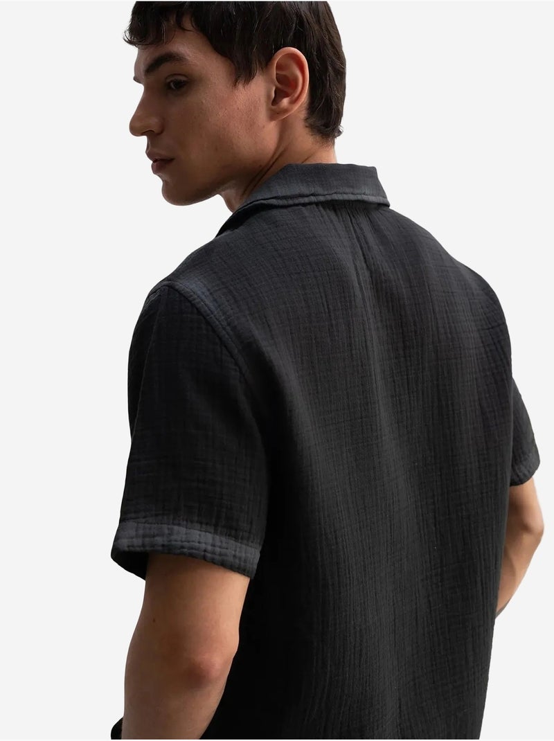 Chemise à manches courtes texturée en coton giesto Noir - Kiabi