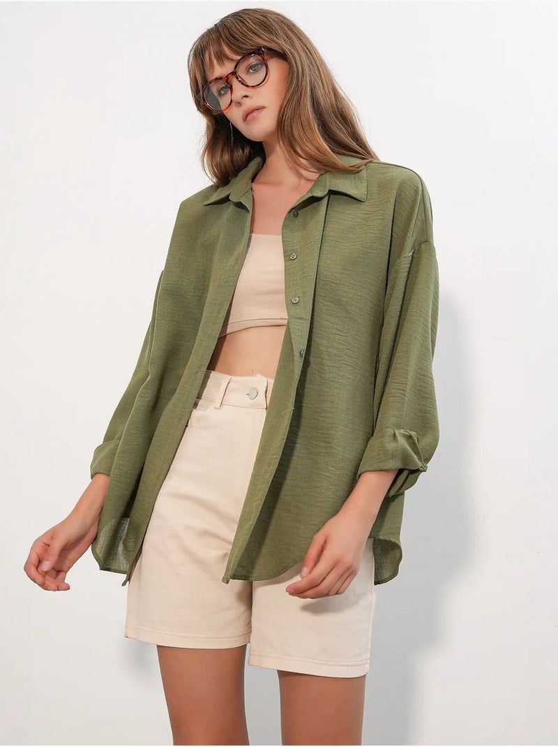 Chemise à manches longues brodée avec fermeture à boutons bdart Kaki - Kiabi