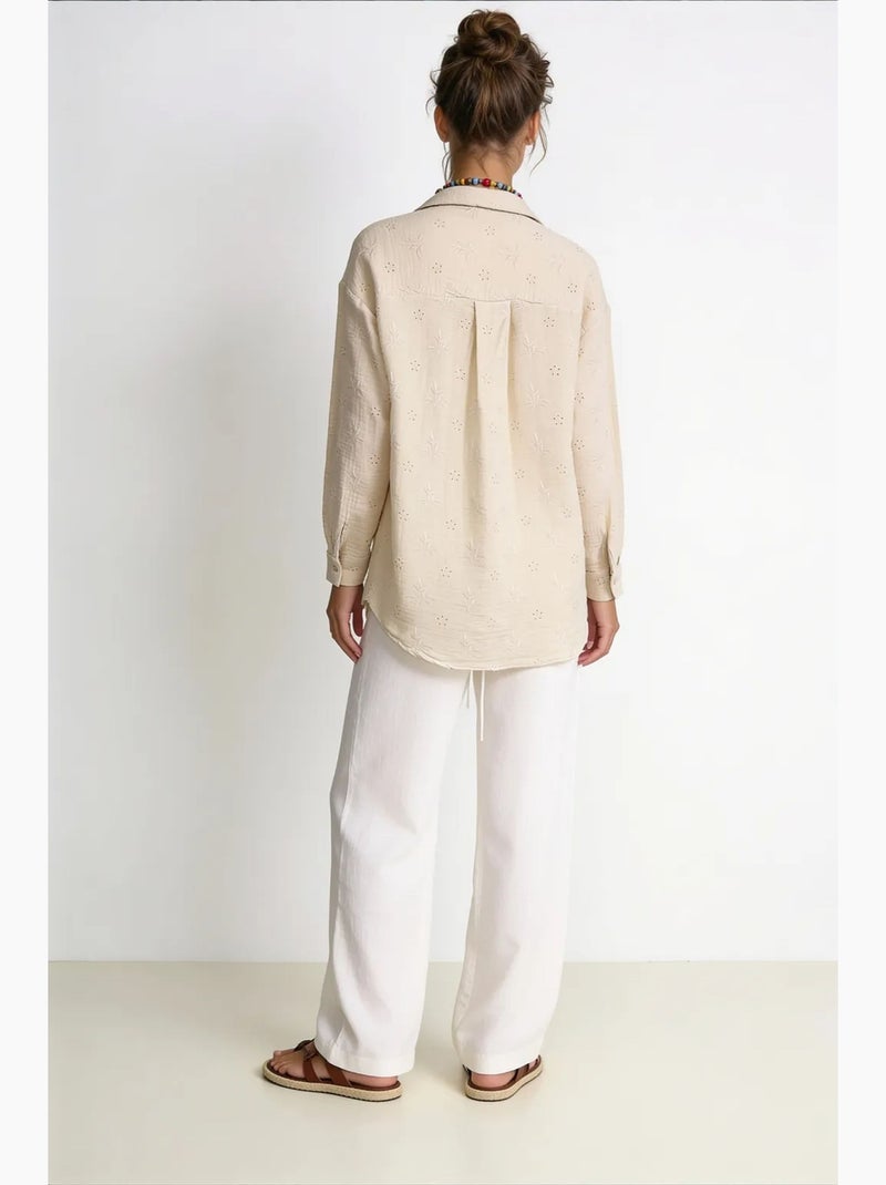 Chemise à manches longues brodée texturée avec fermeture boutonnée istanbul Beige argile - Kiabi