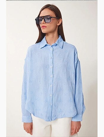 Chemise à manches longues brodée texturée avec fermeture boutonnée istanbul