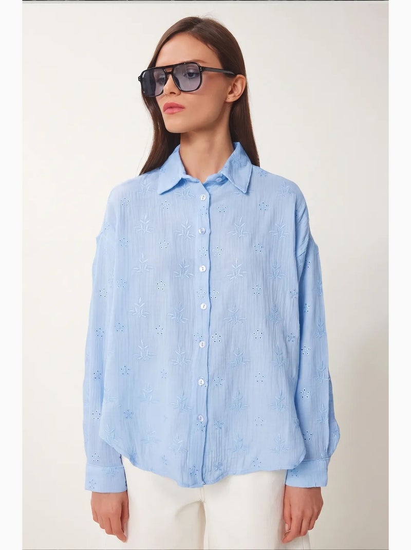 Chemise à manches longues brodée texturée avec fermeture boutonnée istanbul Bleu ciel - Kiabi