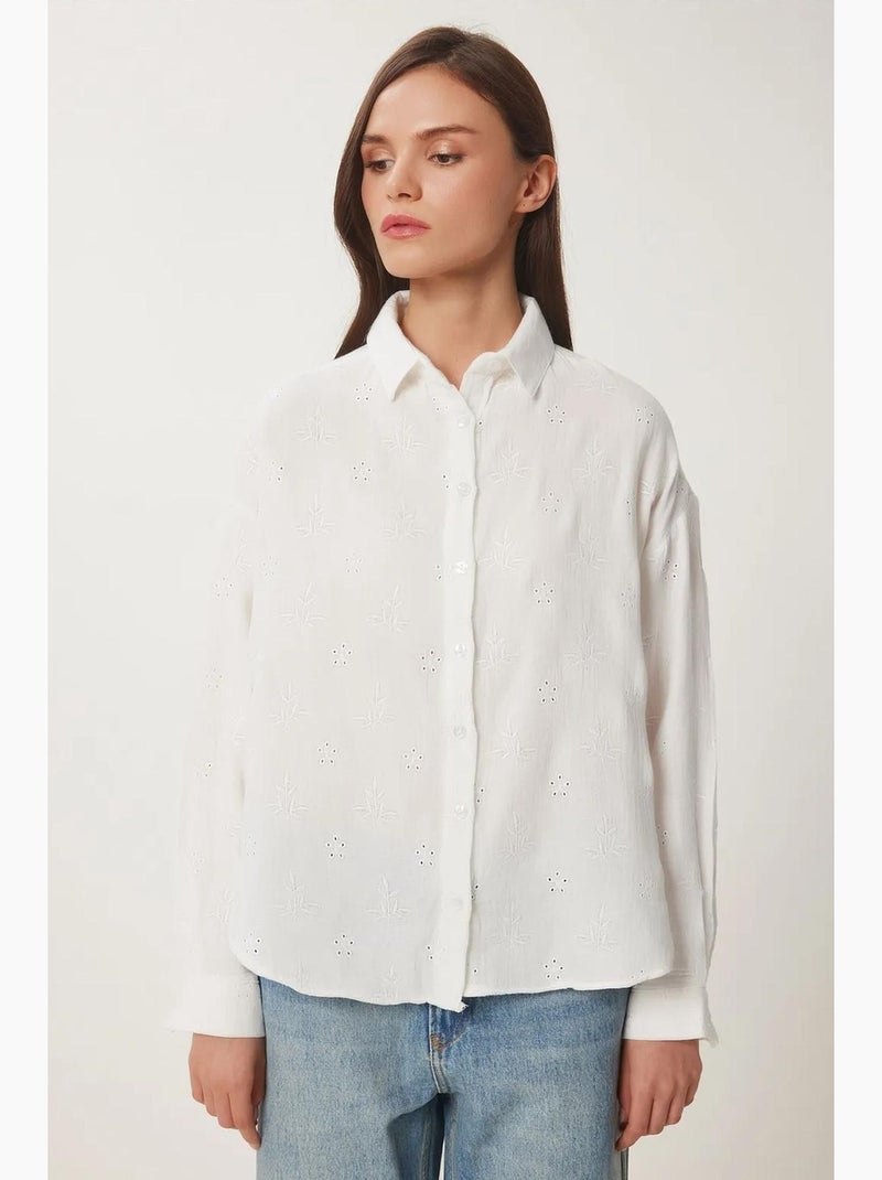 Chemise à manches longues brodée texturée avec fermeture boutonnée istanbul Ivoire - Kiabi
