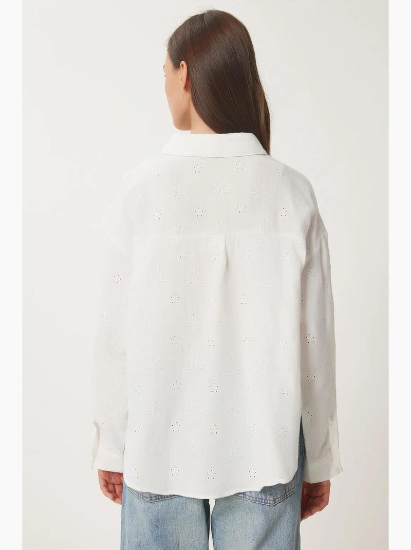 Chemise à manches longues brodée texturée avec fermeture boutonnée istanbul Ivoire - Kiabi