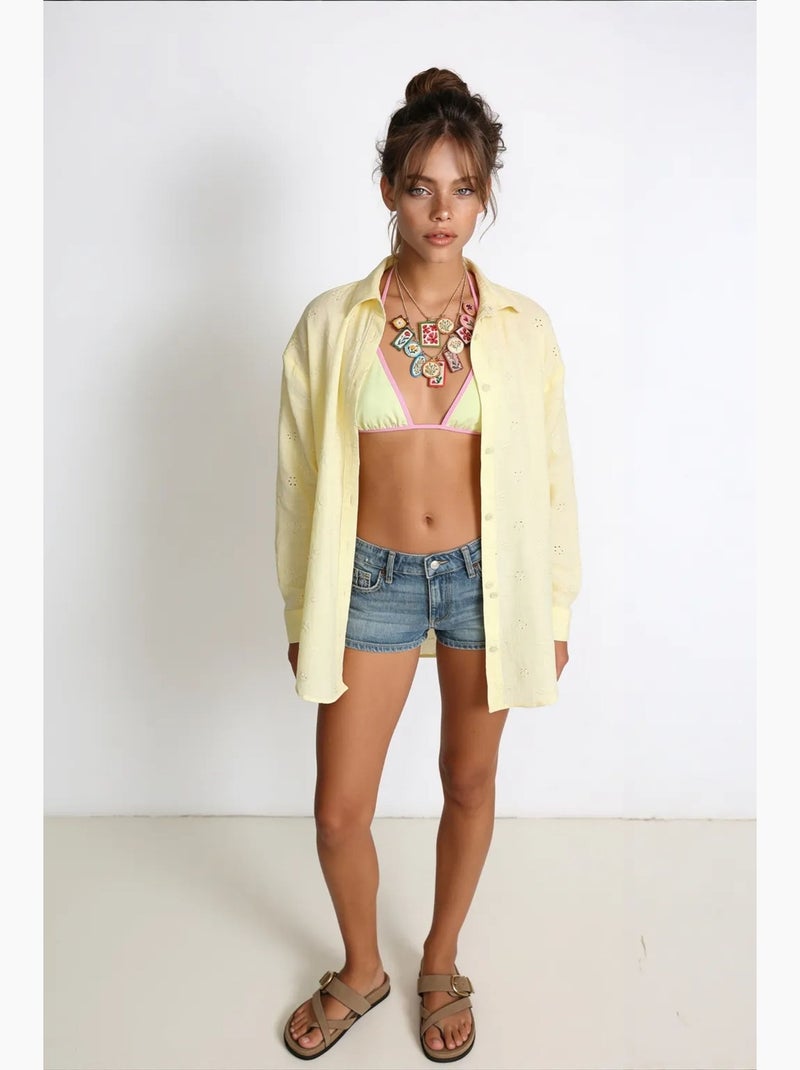 Chemise à manches longues brodée texturée avec fermeture boutonnée istanbul Jaune citron - Kiabi