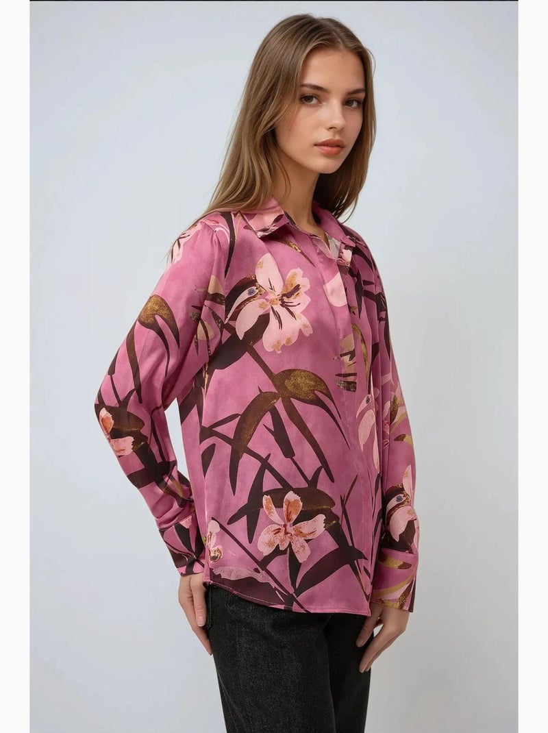 Chemise à manches longues imprimée en satin hiccup Rose - Kiabi