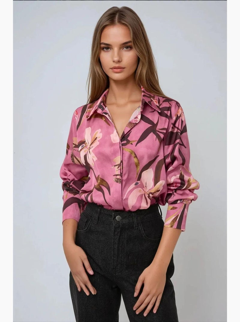 Chemise à manches longues imprimée en satin hiccup Rose - Kiabi