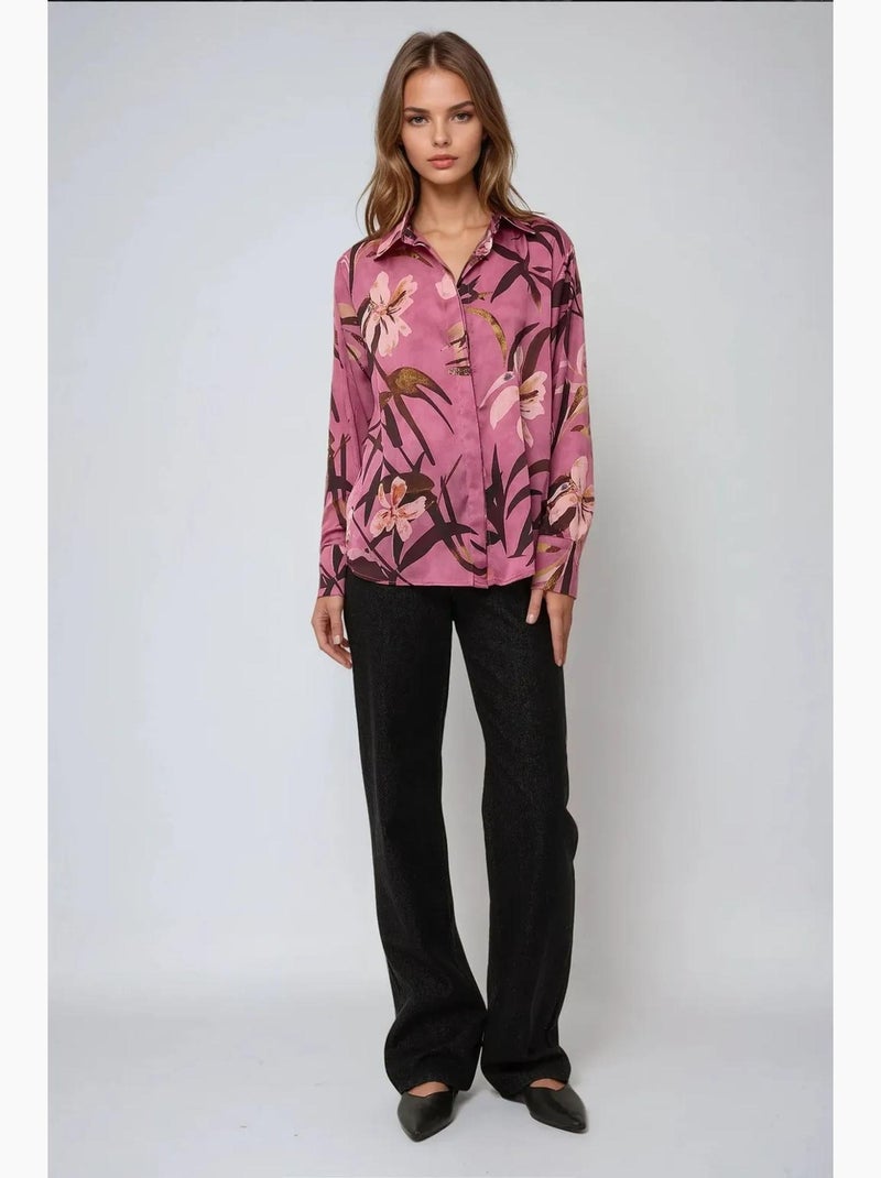 Chemise à manches longues imprimée en satin hiccup Rose - Kiabi