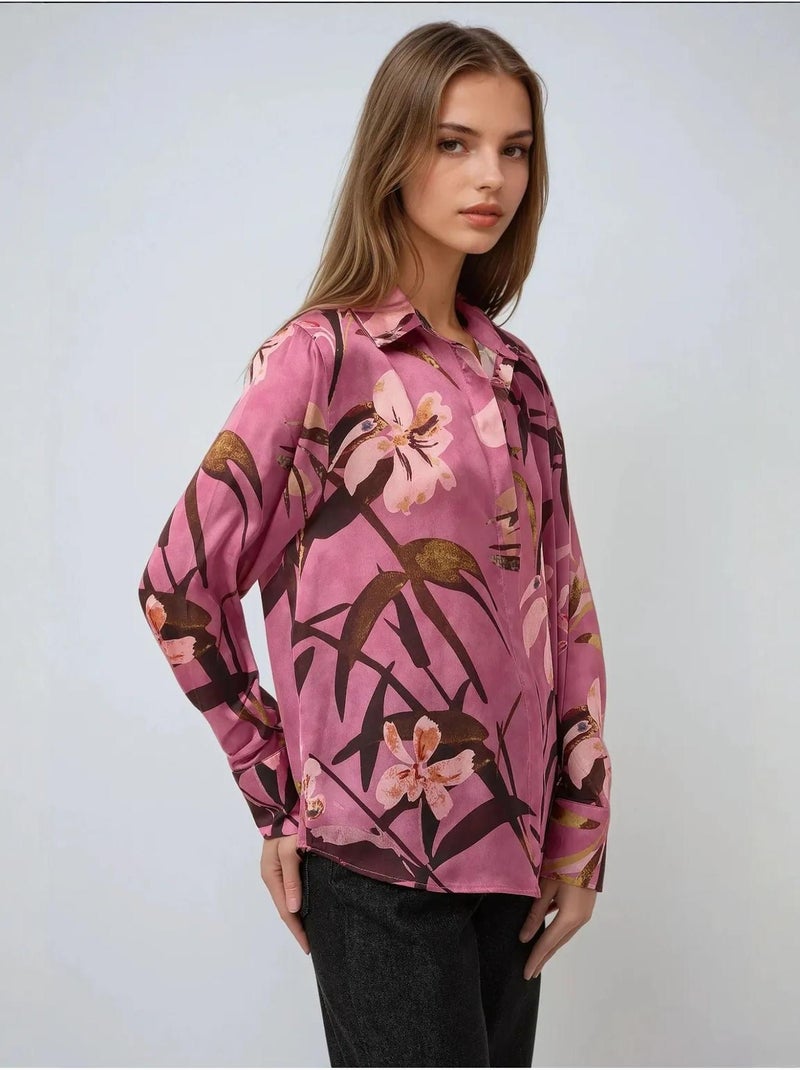Chemise à manches longues imprimée en satin Rose - Kiabi