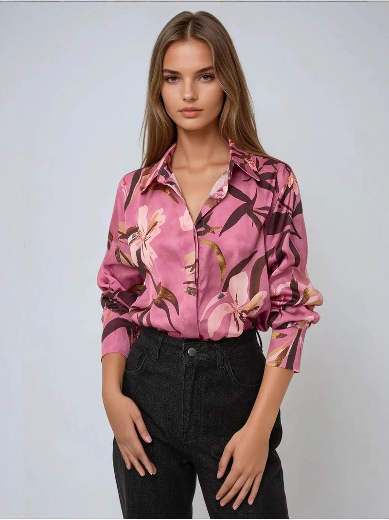 Chemise à manches longues imprimée en satin Rose - Kiabi