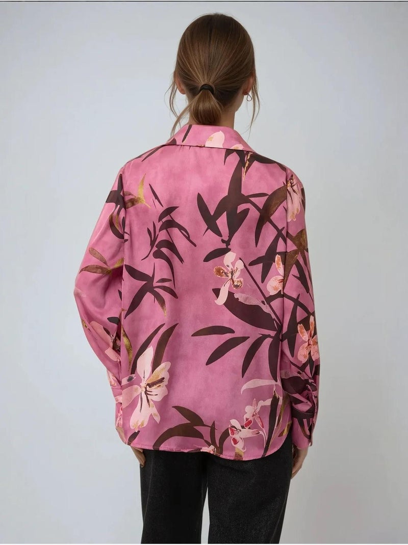 Chemise à manches longues imprimée en satin Rose - Kiabi