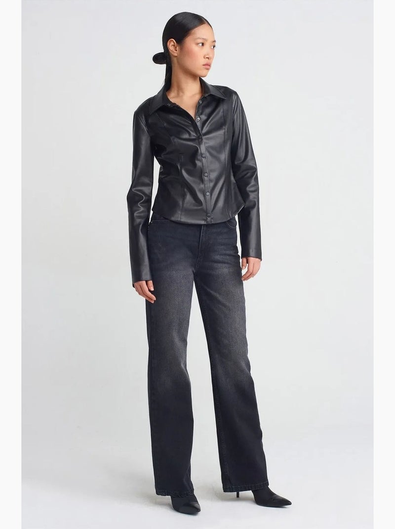 Chemise ajustée aspect cuir dilvin Noir - Kiabi